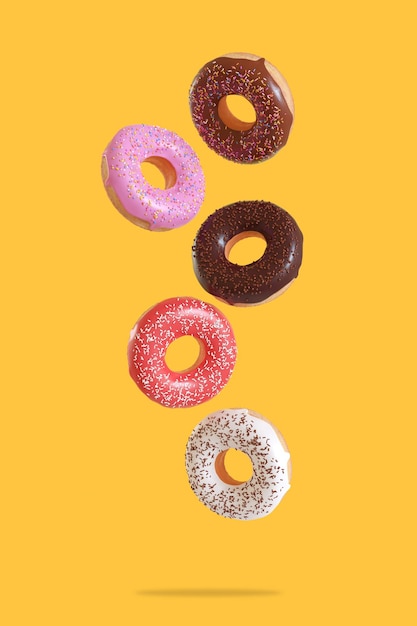 Verschillende donuts vliegen op een gele achtergrond Minimale concept 3D render illustratie