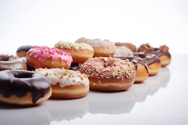 Verschillende donuts weergegeven op een witte achtergrond