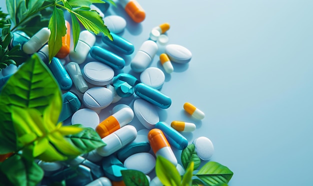 Verschillende farmaceutische pillen en capsules met groene bladeren op een blauwe achtergrond die de gezondheid symboliseren