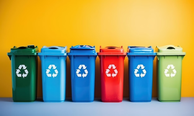 Verschillende gekleurde afvalbakken Recycling en scheiden van verschillende soorten afval Generatieve Ai