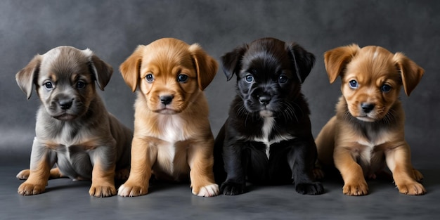 Verschillende gekleurde Labrador puppy's zitten naast elkaar