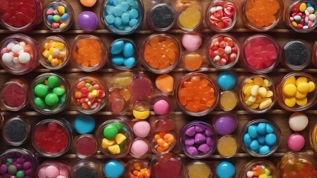 Verschillende gekleurde ronde snoepjes in schalen en potten bovenkant van grote verscheidenheid aan snoepjes en snoepjes met politie