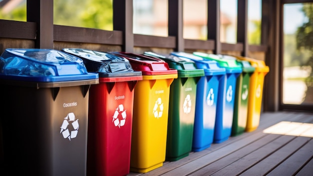 Verschillende gekleurde vuilnisbakken, netjes gevuld met gesorteerde recycleerbare stoffen, glas, plastic, papier en metalen, met de nadruk op een georganiseerd afvalbeheer