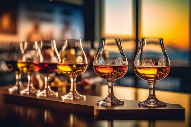 Verschillende glazen alcohol staan in een rij op een bar.