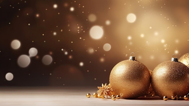 Foto verschillende gouden kerstballen op een tafel achtergrond met gekleurde stippen onscherp kopieer ruimte