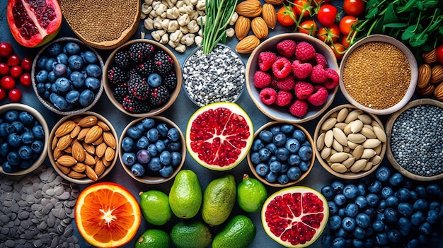 Foto verschillende groenten, zaden en fruit op grijze tafel plat gelegd gezonde voeding generatieve ai