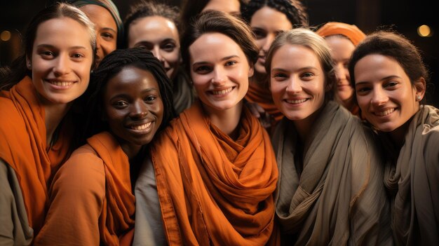 Foto verschillende groepen vrouwen delen vreugde in aardkleurige kleding