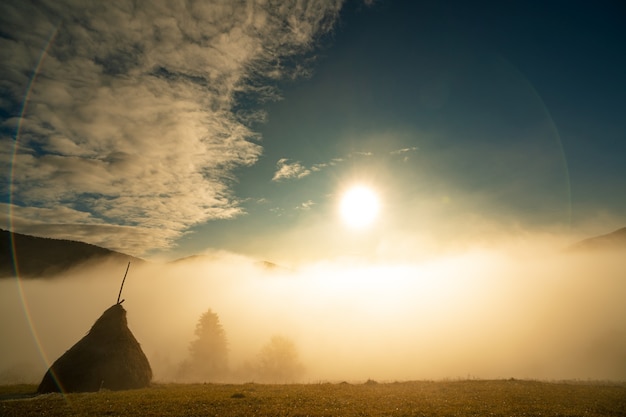 Verschillende grote hooibergen met nat gras in dichte witte mist tegen de achtergrond van de felle koude zon in de ochtend