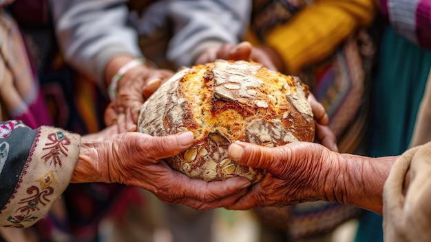 Verschillende handen die een brood doorgeven als symbool van delen en eenheid Wereldhumanitaire Dag 19 augustus