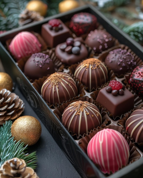 Verschillende handgemaakte chocoladepralines in een doos