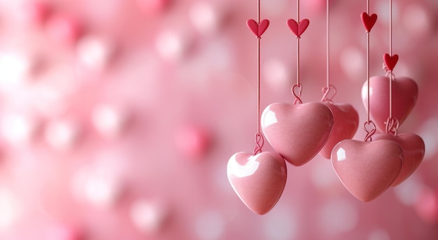 Verschillende harten hangen op een roze achtergrond.