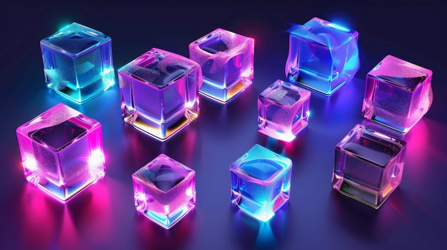 Verschillende hoeken met neon verlichte plastic of glazen kubussen kristallen blokken aquarium of tentoonstelling podium geïsoleerde glanzende geometrische objecten moderne illustratie met realistische 3D-details