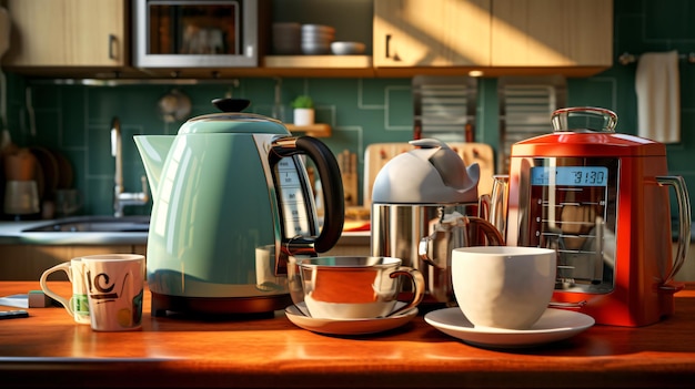 Verschillende huishoudelijke apparaten op tafel in de keuken