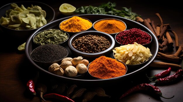 verschillende Indiase specerijen en seasonings op een tafel