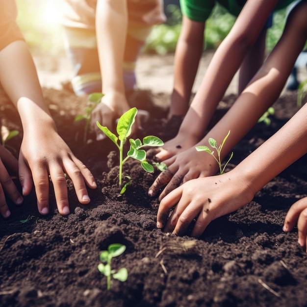 Verschillende jonge handen planten samen groene zaailingen