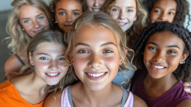 Verschillende jonge vrouwen in casual outfits staan dicht bij elkaar in een groep