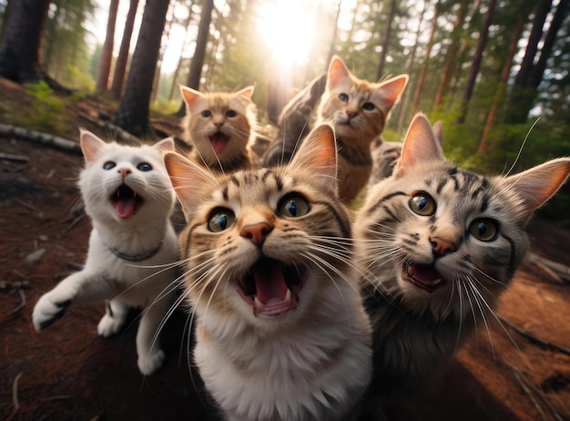 Verschillende katten nemen een groeps selfie