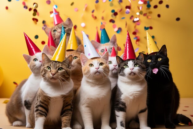 verschillende katten zitten op een rij met feestmutsen generatieve ai