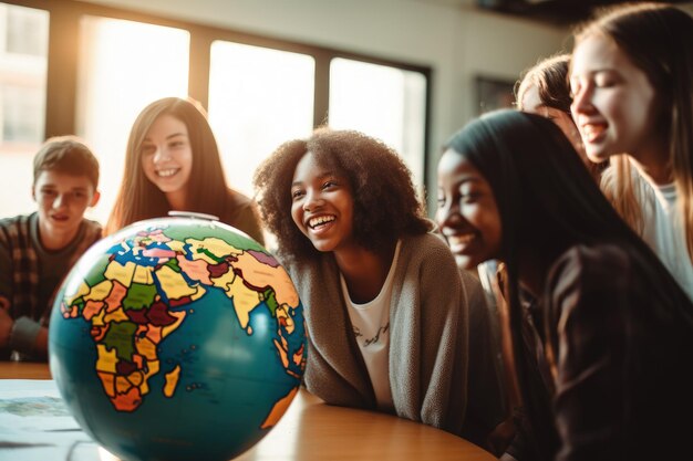 Verschillende kinderen in de klas kijken naar een aardbol Generatieve AI