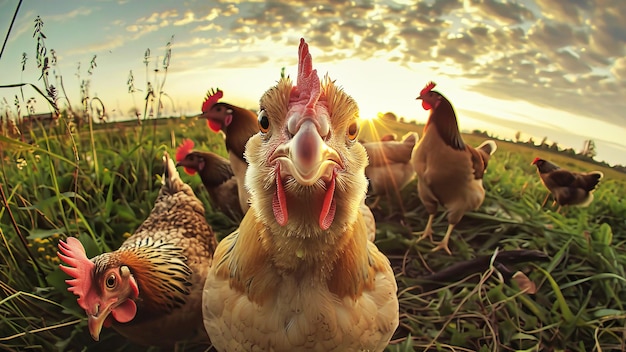 Verschillende kippen staan op een grasveld te pikken en te bewegen