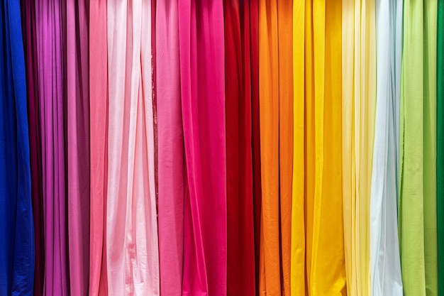 Verschillende kleuren textielstoffen in een atelier of een stoffenwinkel