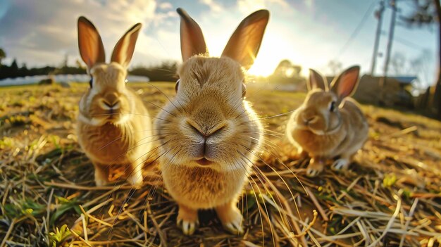 Foto verschillende konijnen zitten in het groene gras.