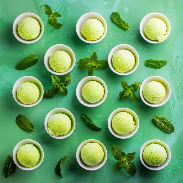 Foto verschillende kopjes ijs staan op een groene tafel.