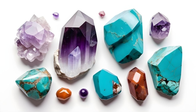 Verschillende kristallen op een witte achtergrond jaspis turquoise amethyst agaat