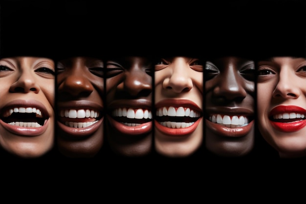Verschillende lachende gezichten van mensen met perfecte tanden op een zwarte achtergrond