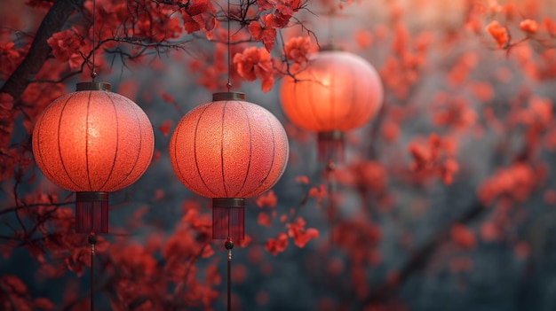 Verschillende lantaarns hangen aan een kersenbloesemboom met rode bloemen achtergrondbeeld voor Chinese Nieuwjaarsfeesten Generatieve ai