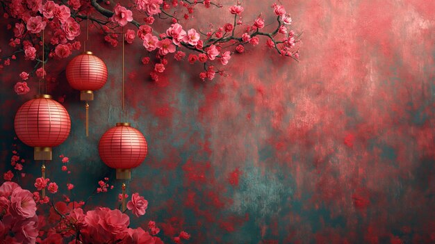 Verschillende lantaarns hangen aan een kersenbloesemboom met rode bloemen achtergrondbeeld voor Chinese Nieuwjaarsfeesten Generatieve ai