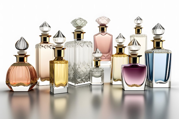 Verschillende luxe parfumflesjes op witte achtergrond Neuraal netwerk gegenereerde kunst