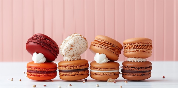 Verschillende macarons met harten op gestreepte achtergrond