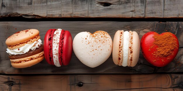 Verschillende macarons op een rustieke houten achtergrond