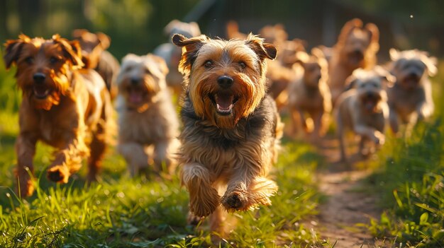 Verschillende mengeling honden lopen gelukkig rond in een park met groen gras foto realistisch