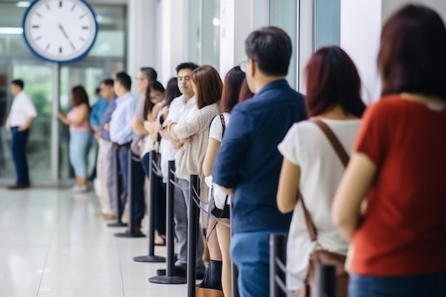 Foto verschillende mensen die in de rij wachten bij de receptie van het ziekenhuis om in het kantoor te worden opgeroepen bij een check-upbezoek