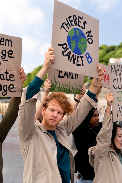 Foto verschillende mensen protesteren samen vanwege de opwarming van de aarde