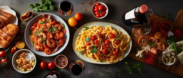 Foto verschillende pasta gerechten overhead flat lay shot italiaans eten en wijn