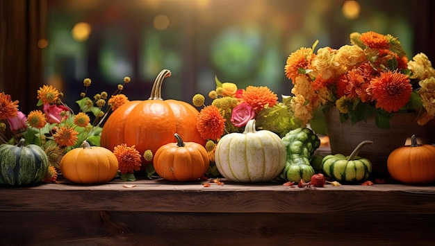 verschillende pompoenen appels en bloemen worden weergegeven op een houten tafel