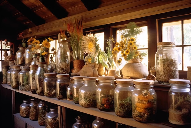 verschillende potten met natuurlijke materialen en bloemen in de stijl van levendige taferelen
