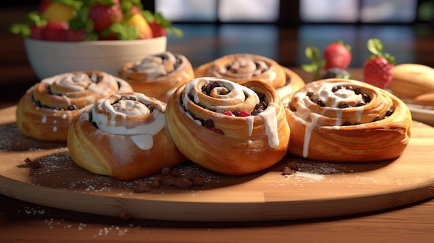 Verschillende rollen kaneel kaneel broodjes op een houten plank generatieve ai