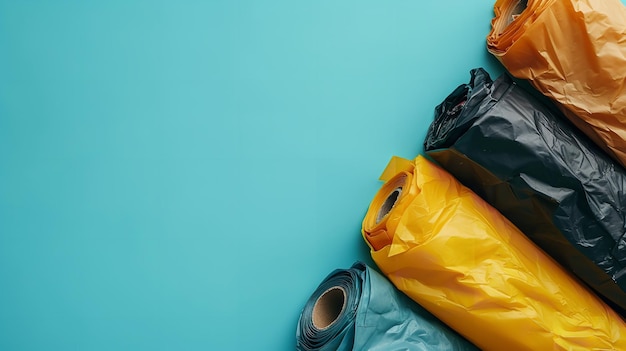 Verschillende rollen vuilniszakken in een blauw oppervlak met lege ruimte Generatieve AI