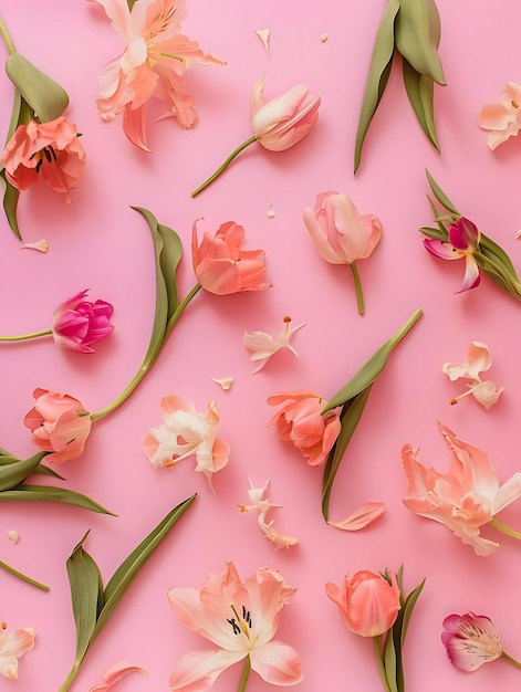 Verschillende roze tulpen leggen willynilly op roze achtergrond postkaart filmische postkaart hoge resolutie