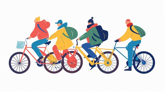 Foto verschillende ruiters rijden op een fiets in de multiplayer-modus moderne illustratie in een platte stijl