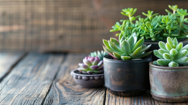 Verschillende sappige planten in rustieke potten verzameld op een houten oppervlak