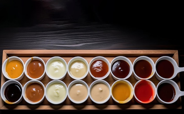 Verschillende sauzen marinades en dressings in kleine kommen op een rij donkere achtergrond AI gegenereerd