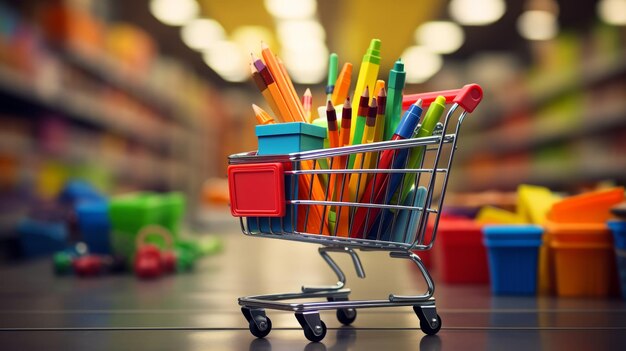 Foto verschillende school benodigdheden in een winkelwagentje met een vervaagde winkel gang op de achtergrond.