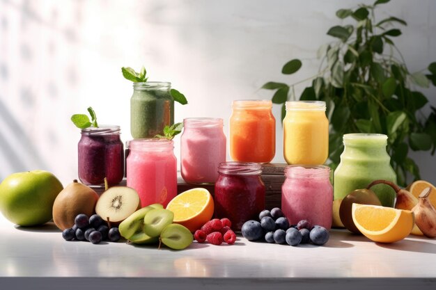 Verschillende smoothies in potten en vers fruit gegenereerd door AI