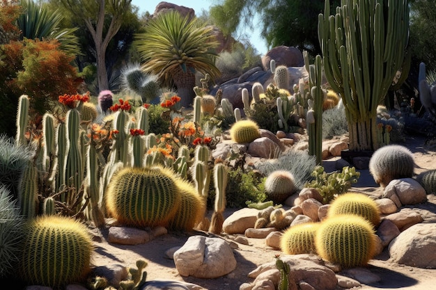 Verschillende soorten cactussen in een botanische tuin in de woestijn die is gecreëerd met generatieve ai