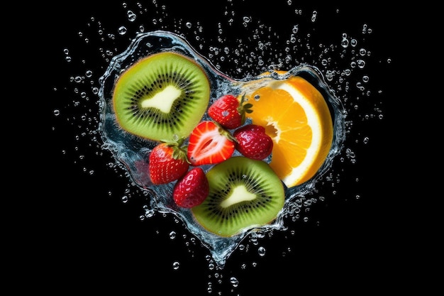 Verschillende soorten fruit in hartvorm met spatwater Gezond fruit Rijk aan vitamines Generatieve Ai
